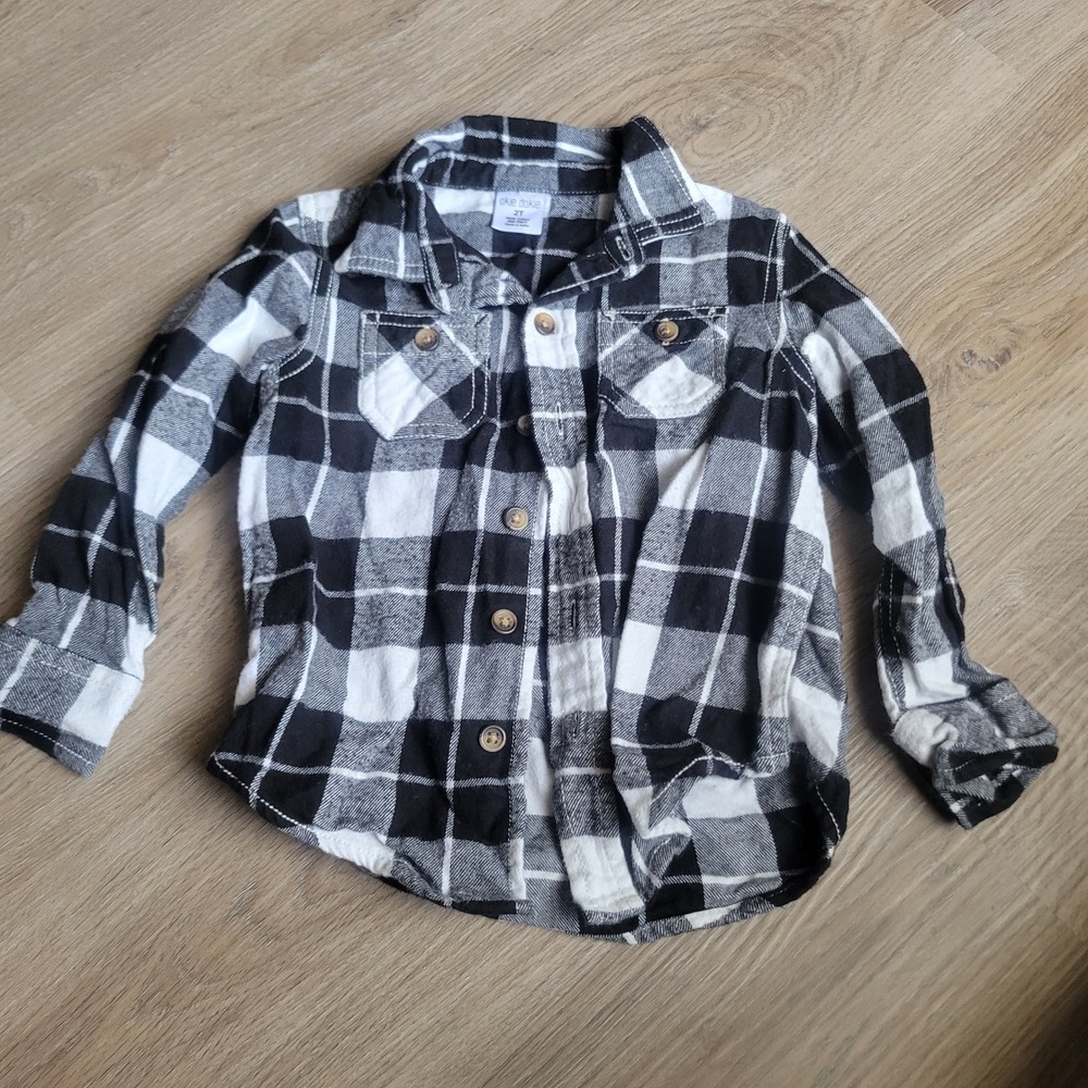 Okie Dokie Boys Button Down Shirt 2T Black White Cotton Plaid Flannel Casual